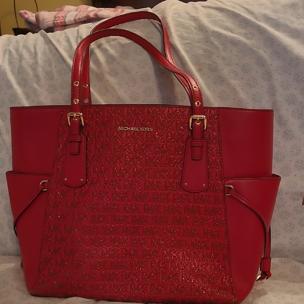 Michael Kors Embossed Red Tote Very Sparkly on Front and Back.